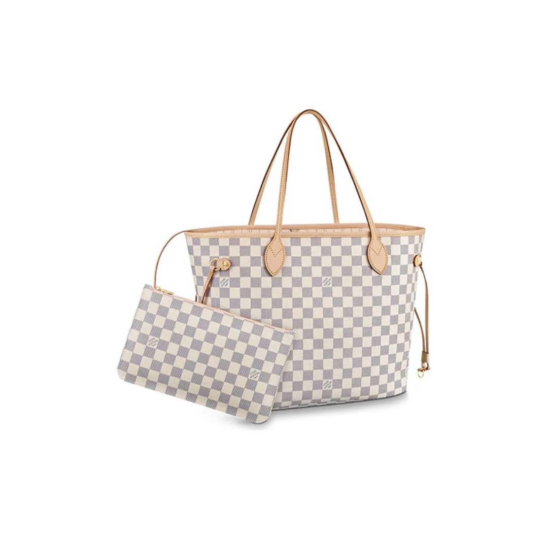 95新 LouisVuitton/路易威登 白棋盘格Neverfull中号购物袋手提包