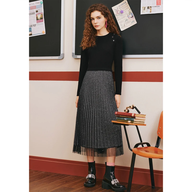 诗篇拼接修身针织显瘦小众高级百褶网纱打底毛织连衣裙6C63506463