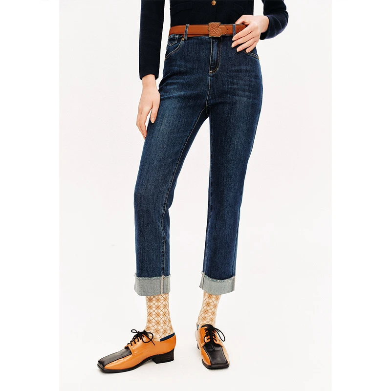 PSALTER诗篇 蓝色时尚百搭显瘦通勤卷边烟管牛仔裤6C34120110