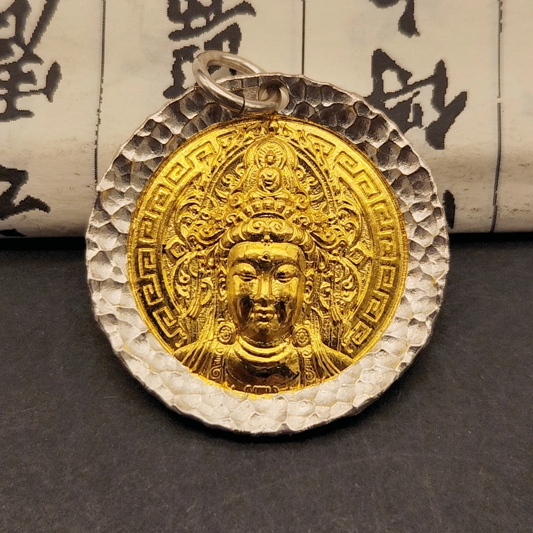 足银银制品 吊坠【观音菩萨】项链挂件银制品金色古法坠链手工镶嵌