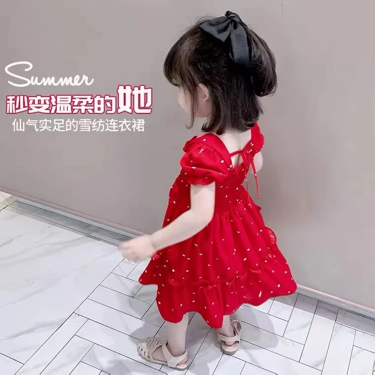 女童儿童雪纺女宝温柔网红洋气裙碎花女孩6红色泡泡袖5仙气公主裙