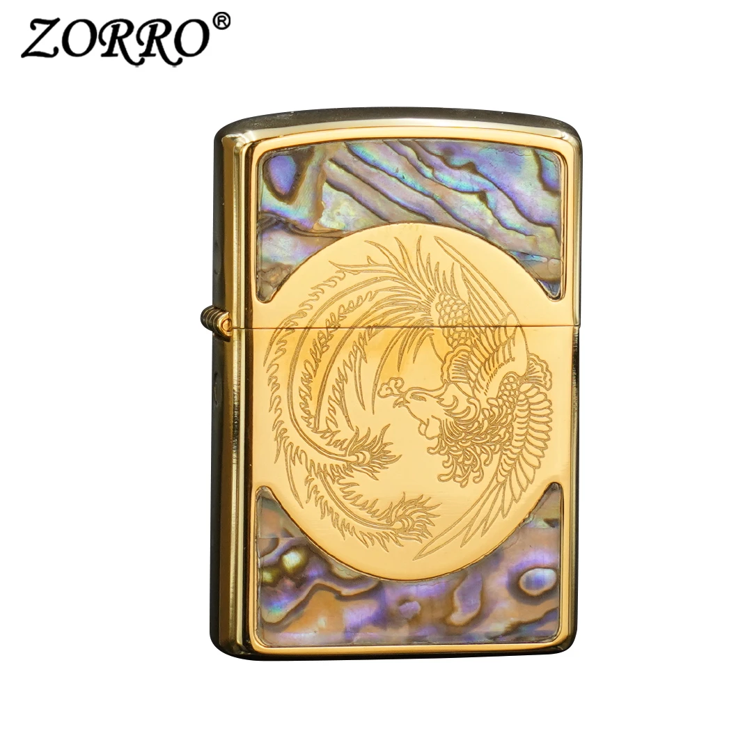 佐罗ZORRO彩贝凤凰金甲壳镶嵌金色精雕创意防风煤油打火机Z92057B