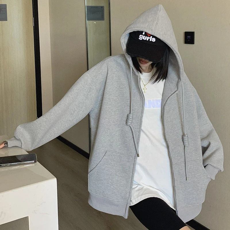 春秋宽松高品质沐棉时尚休闲百搭外套连帽慵懒风卫衣拉链开衫女