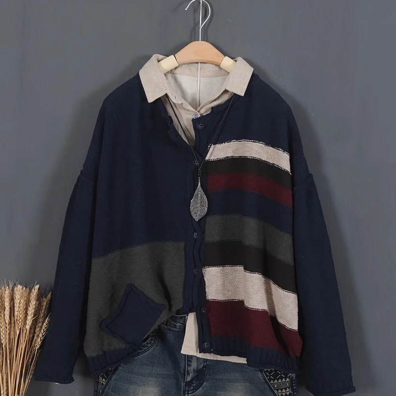 春秋新品文艺范拼色条纹宽松慵懒风针织开衫休闲大码百搭女士毛衣