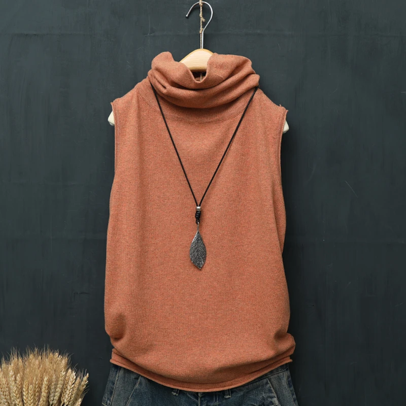 春秋无袖堆堆领纯棉套头针织打底衫半高领坎肩女纯色百搭上衣背心