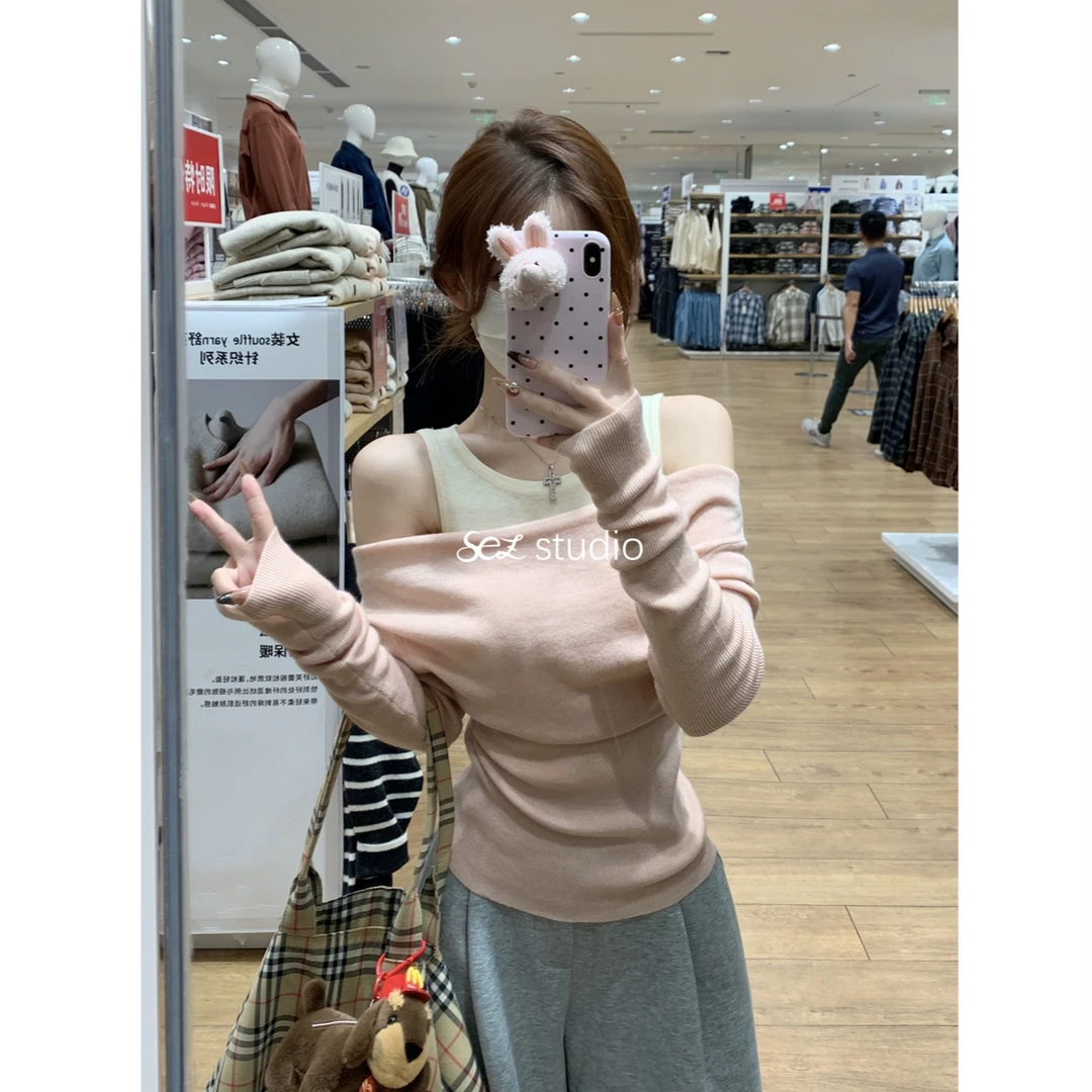 2024秋冬韩版撞色温柔一字肩修身显瘦假两件针织衫打底毛衣上衣