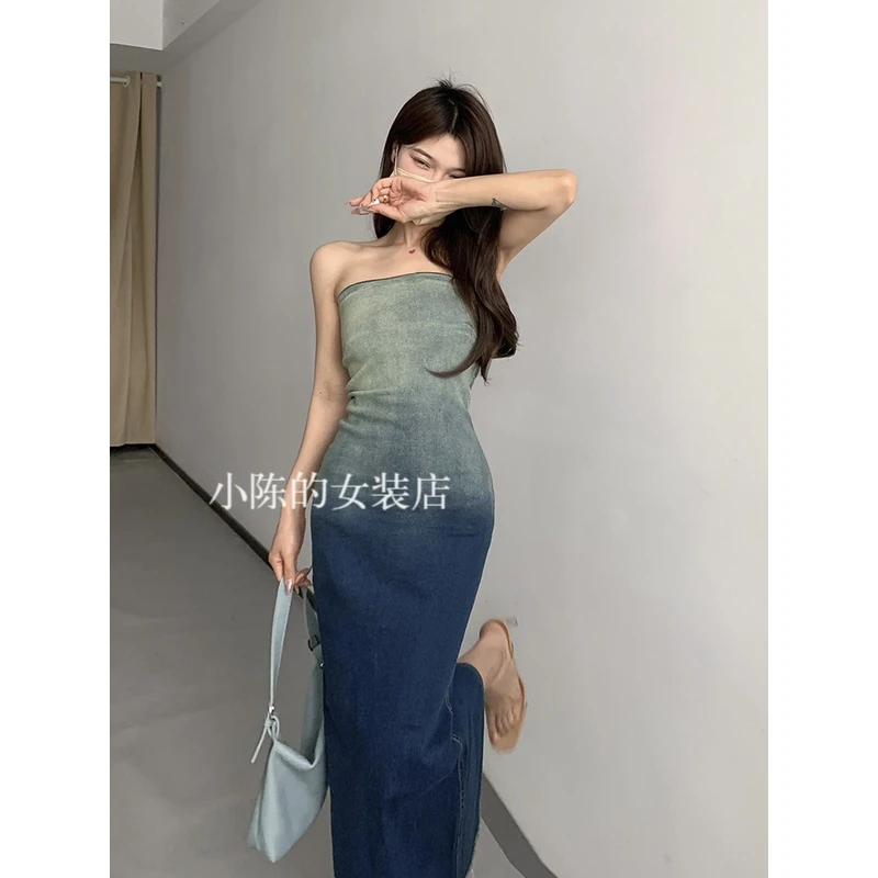 渐变牛仔抹胸连衣裙女春夏纯欲辣妹性感包臀短裙收腰紧身显瘦裙子