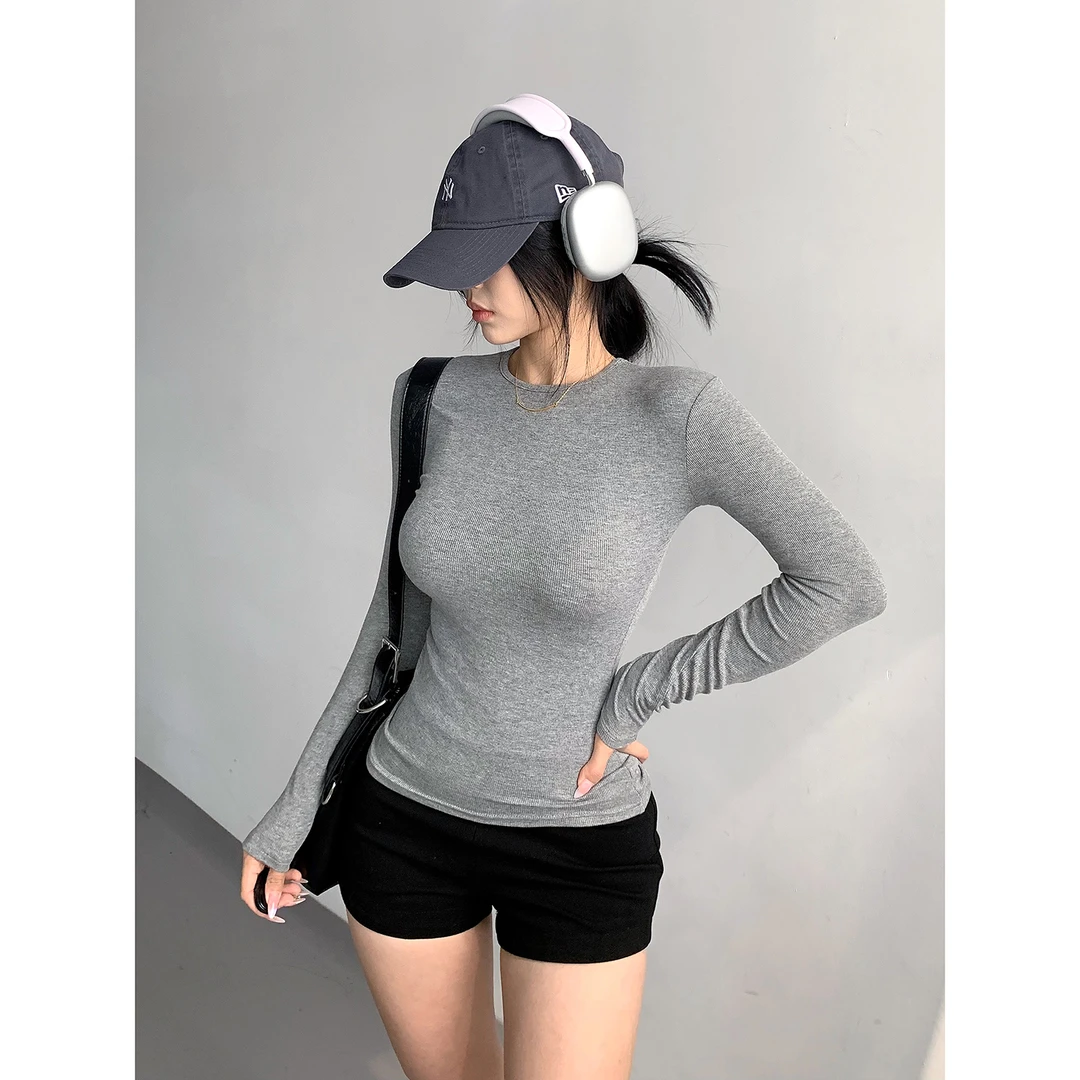 设计感小众螺纹棉打底衫女秋冬内搭短款T恤辣妹紧身显瘦保暖上衣