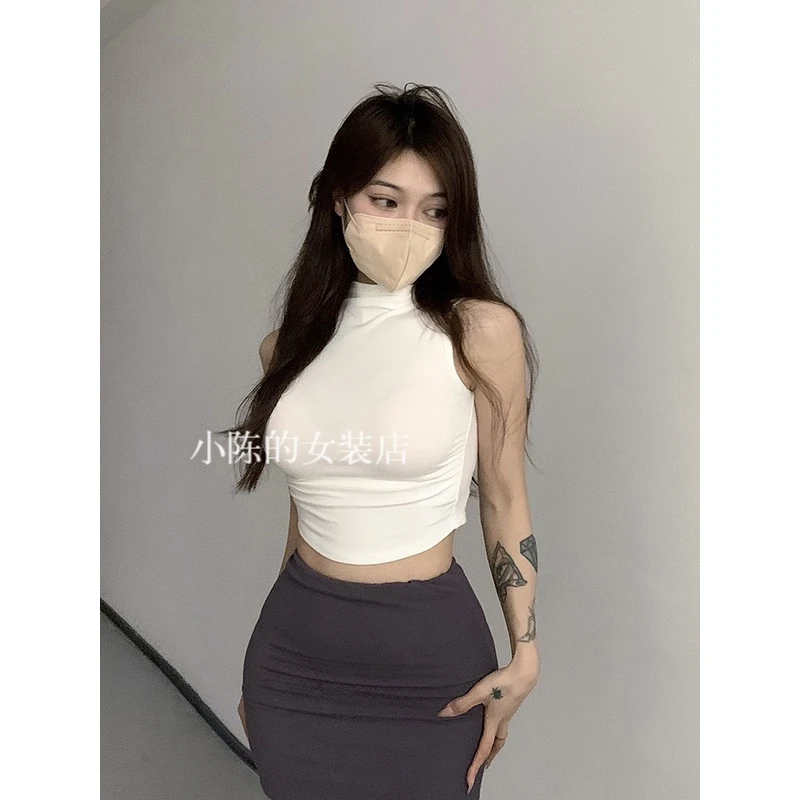 纯欲辣妹侧边抽褶小立领背心夏季新款女弧形下摆显瘦百搭收腰上衣