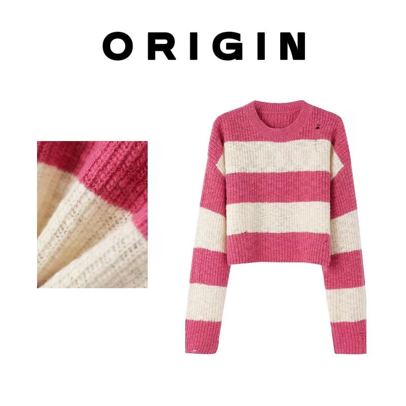 origin 韩国进口豆豆纱条纹撞色羊毛衫女长袖圆领破洞针织毛衣