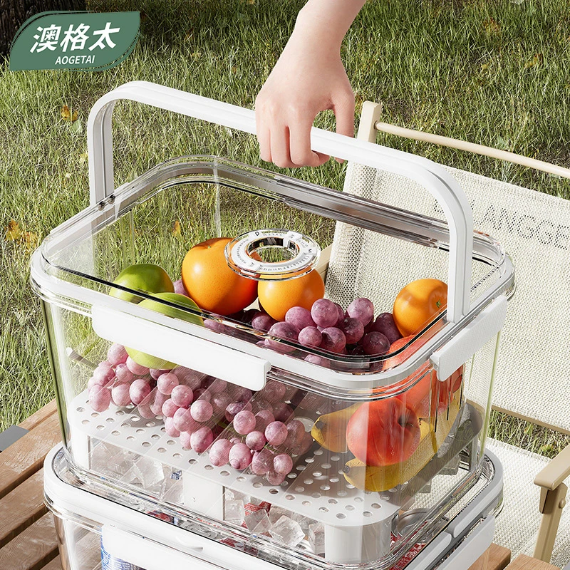 户外带提手野餐盒 PET透明密带沥水带冰袋计时日期食物冰箱收纳盒