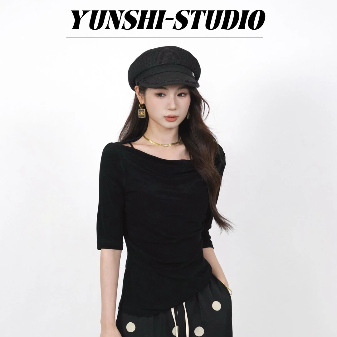 YS服饰-设计感不规则荡领上衣高端时尚醋酸针织皱褶收腰 400036