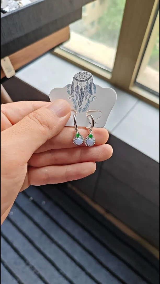 【闪购商品】翡翠耳饰银S925镶嵌翡翠耳饰S925银镶嵌
