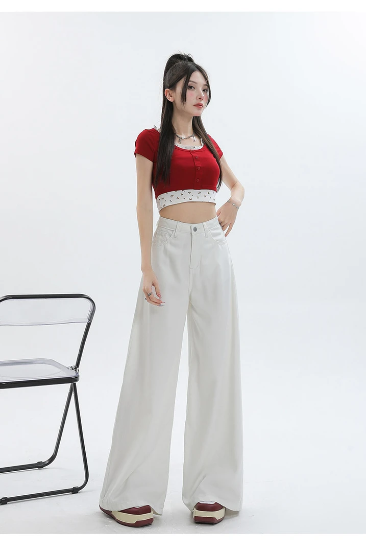 澄鱼生活白色牛仔裤三防面料高腰宽松莱赛尔阔腿裤加绒