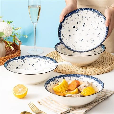 釉下彩中式家用拉面碗大号汤碗吃饭碗泡面陶瓷餐具蓝色故乡斗笠碗