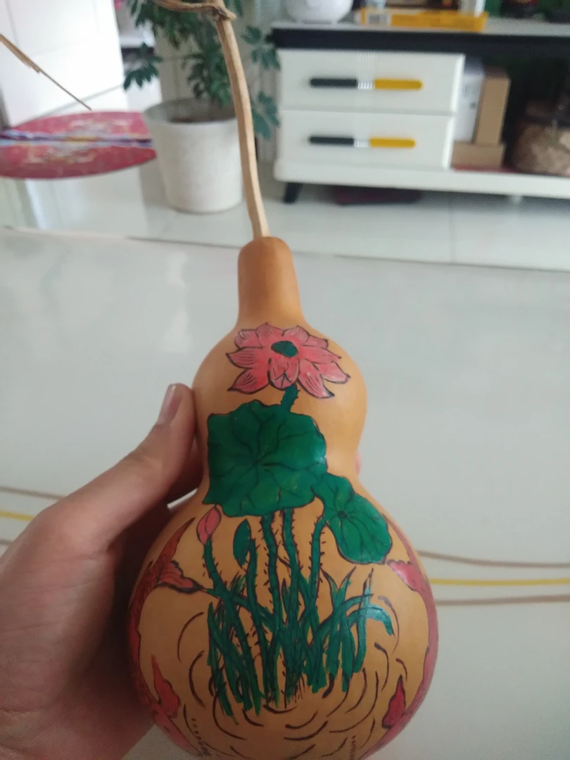 天然葫芦纯手工烙画双鱼戏荷