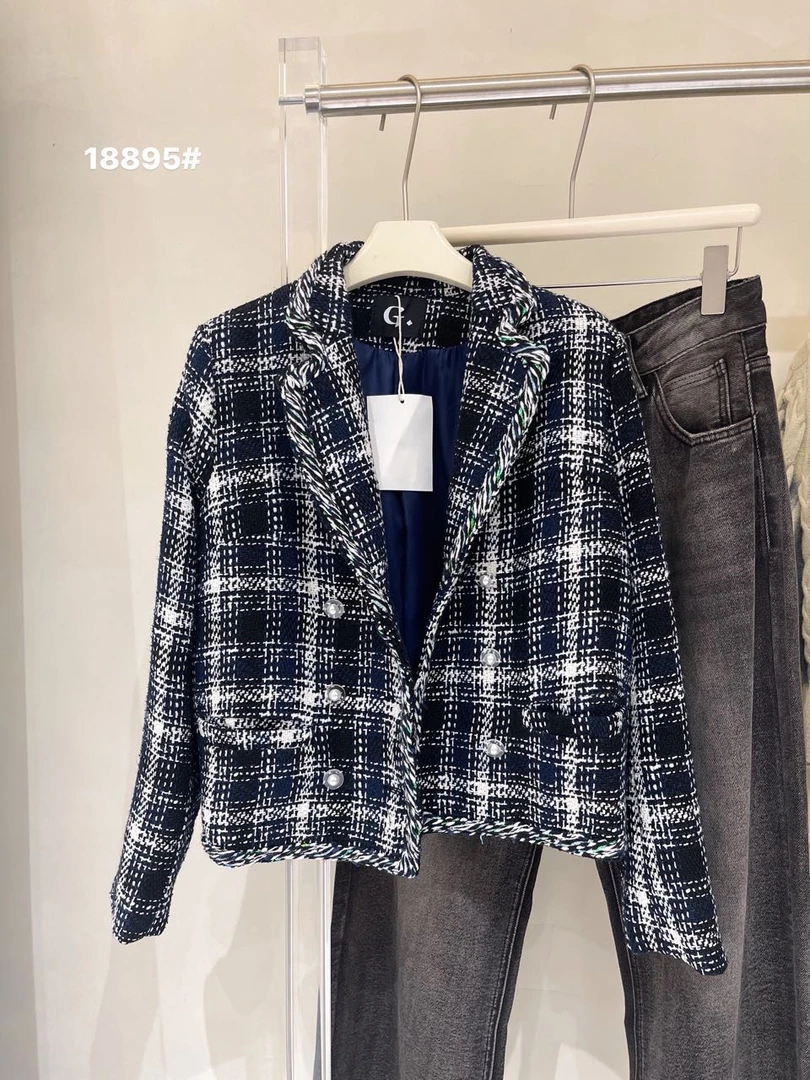 特价！【柒·壹】名媛气质小香风外套女高定藏蓝格纹粗花呢羊毛混纺