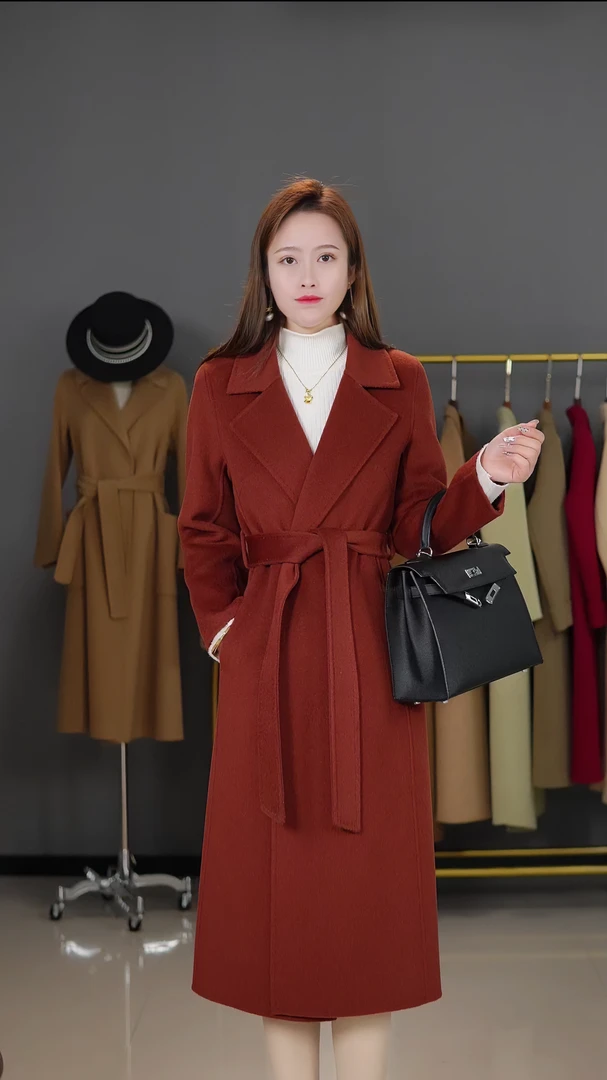 DQS2026新款修身正肩显瘦手工中长款高端双面呢气质羊毛大衣外套