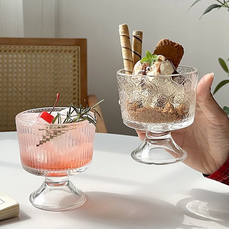 海棠花玻璃杯 小众咖啡果汁酸奶冰淇淋杯夏天家用水果高脚甜品杯