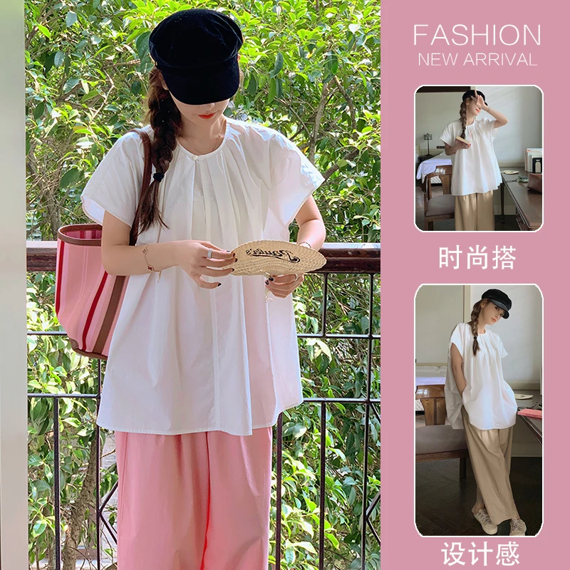 2024孕妇装夏季新款多巴胺白色上衣宽松短袖+休闲裤高腰长裤子女