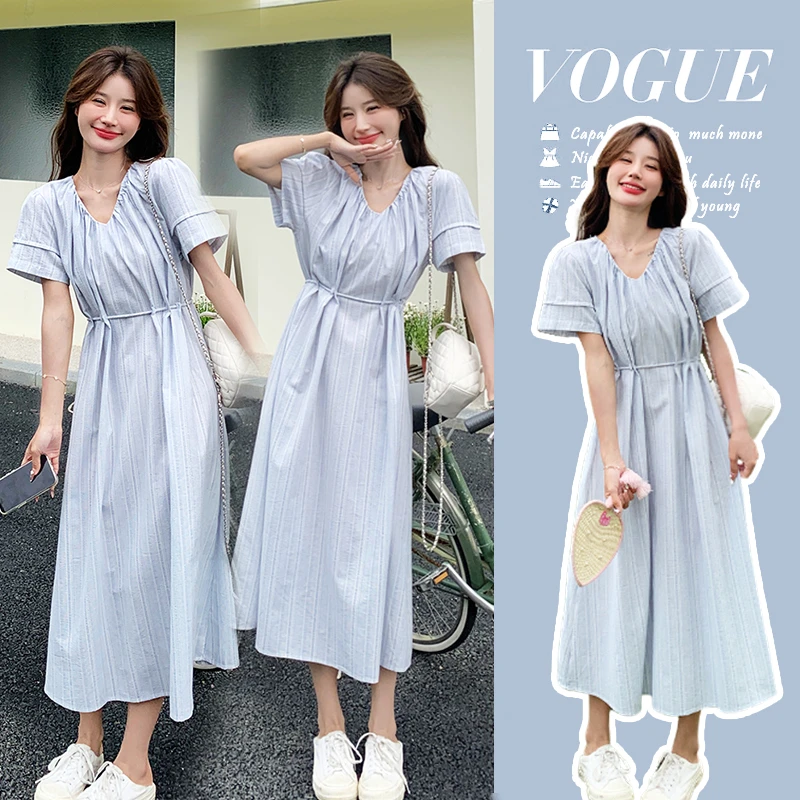 孕妇装夏款2024新款法式高级感气质显瘦洋气蓝色收腰长裙连衣裙女