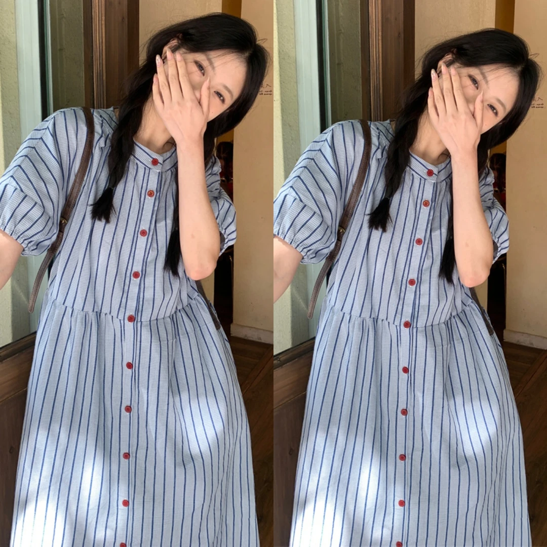 孕妇连衣裙好看不显怀孕妇装洋气减龄宽松中长款条纹衬衫夏季裙子