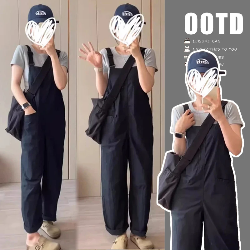 孕妇装夏款2024新款韩版休闲宽松短袖T恤+高级洋气薄款背带裤子女