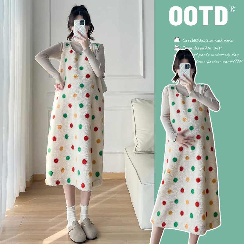 孕妇秋冬装甜美减龄彩色波点羊羔毛无袖背心连衣裙打底衫两件套装