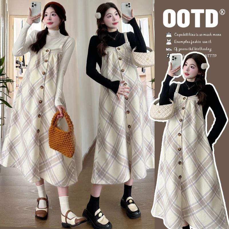 2024秋季新款孕妇装洋气时尚斜格纹毛呢背带娃娃裙两件套孕妇裙