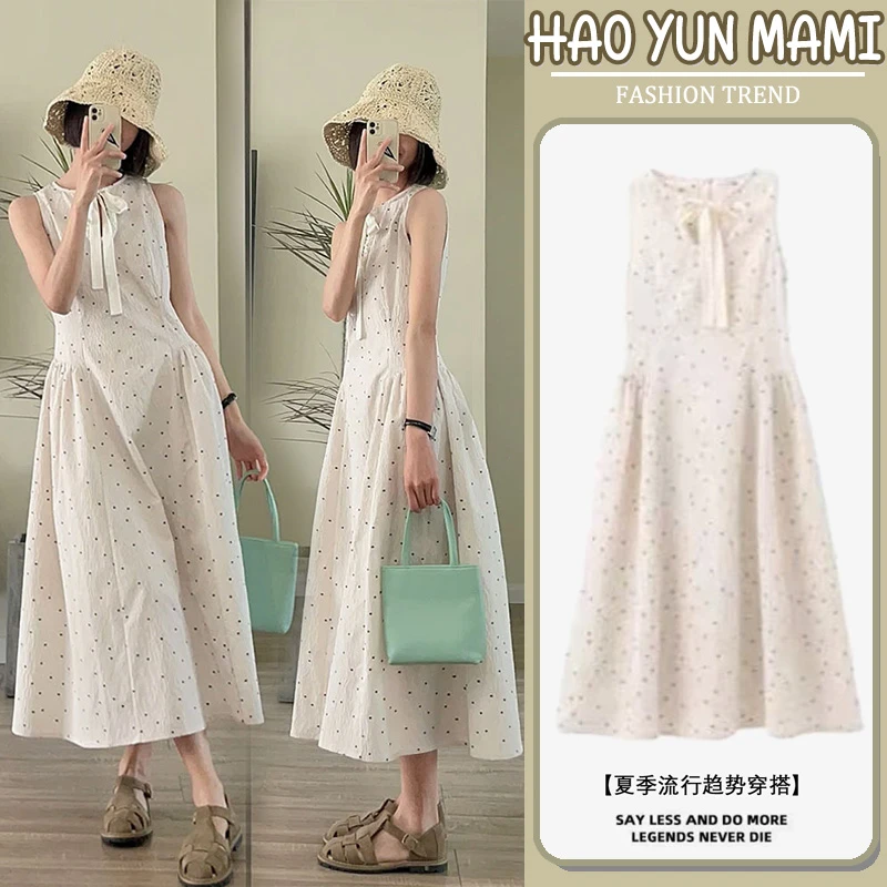 新品孕妇装新款2024法式高端品显瘦白色波点碎花无袖蝴蝶结连衣裙