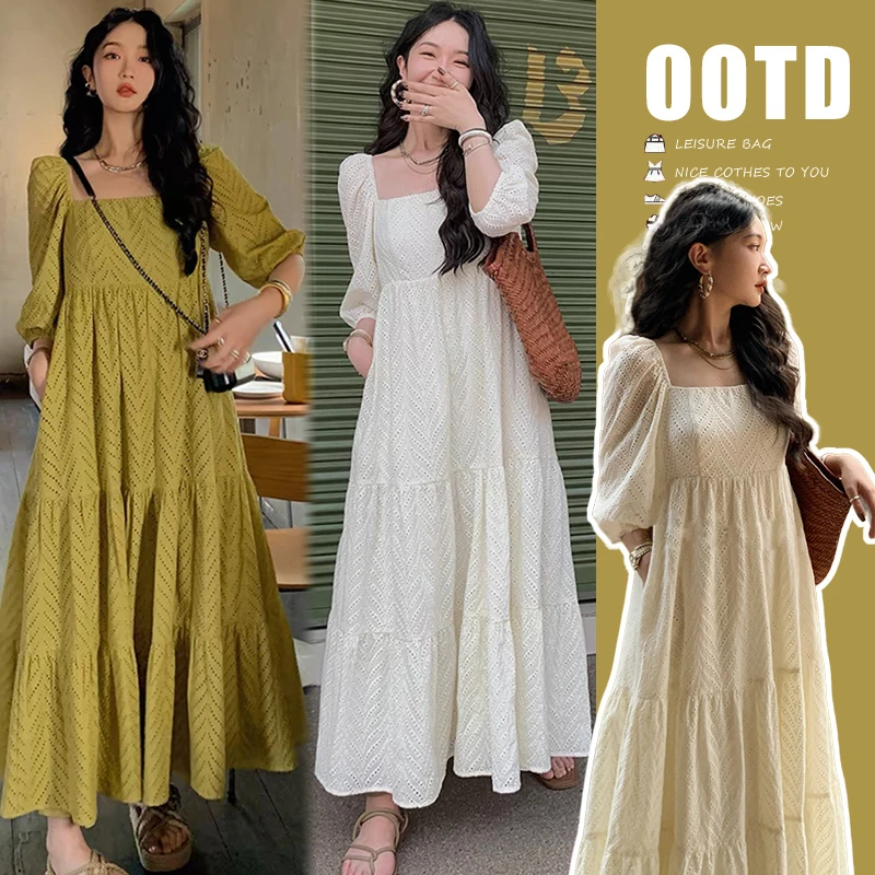 孕妇装韩系复古方领气质中长袖连衣裙2024夏季新款温柔时尚孕妇裙