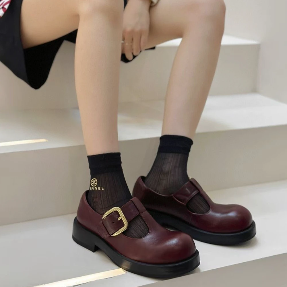 FIDOLA厚底乐福鞋 英伦风圆头时尚休闲百搭真皮复古粗跟日系秋季