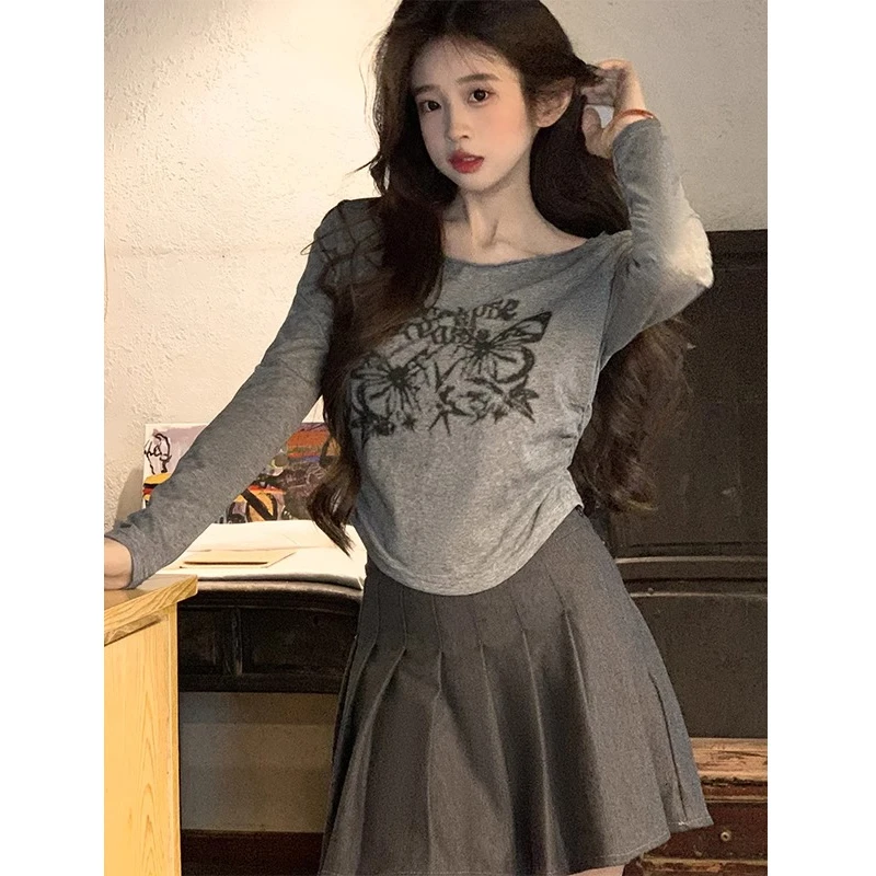 mnmf早秋美式复古辣妹蝴蝶印花褶皱显瘦收腰长袖打底衫百搭短t女