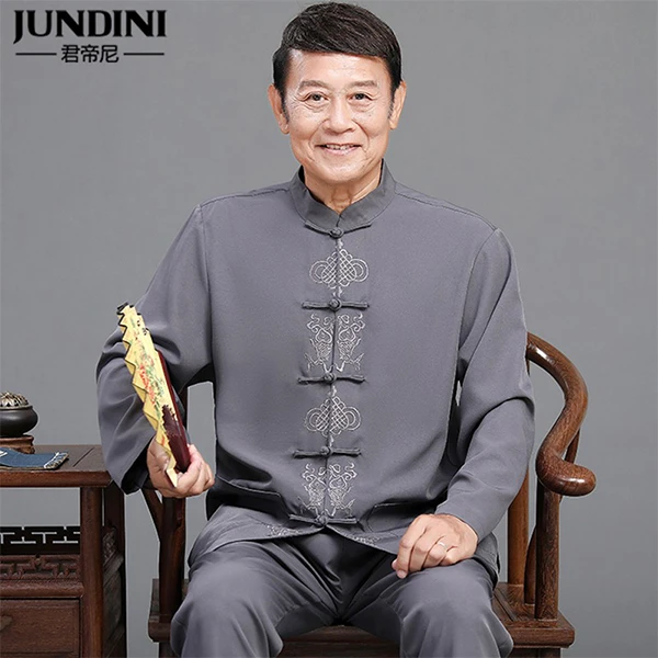 中老年唐装男士爷爷夏季长袖套装爸爸夏装中国风老人父亲薄款衣服