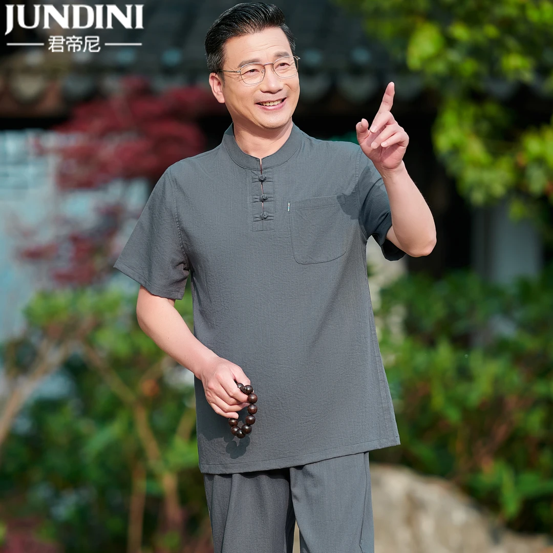 中老年男士夏季唐装父亲装短袖爸爸夏装中式套装老人爷爷国风衣服