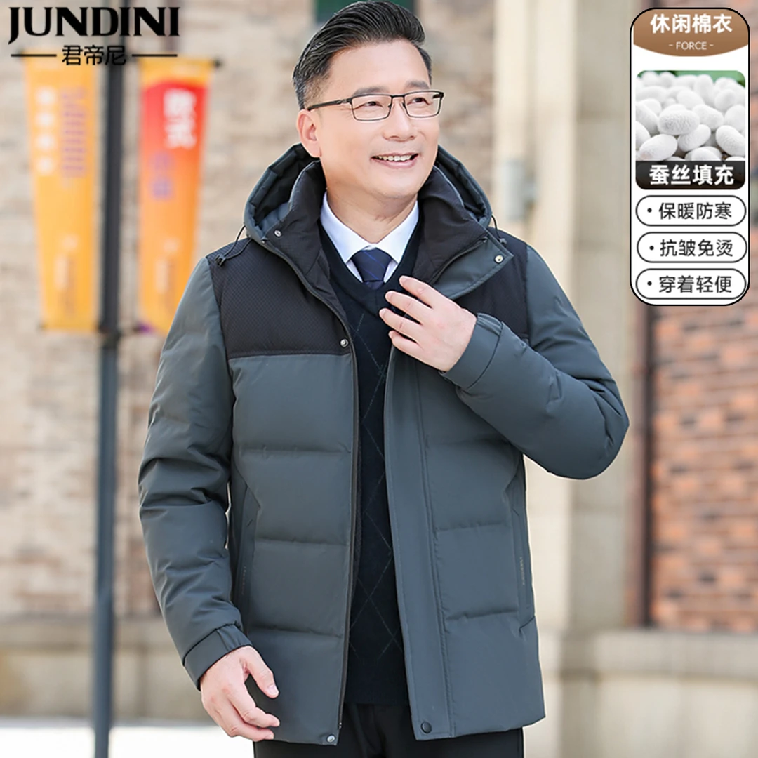 中年男士冬季棉衣爸爸冬装加厚拼接款桑蚕丝棉服男装休闲保暖外套