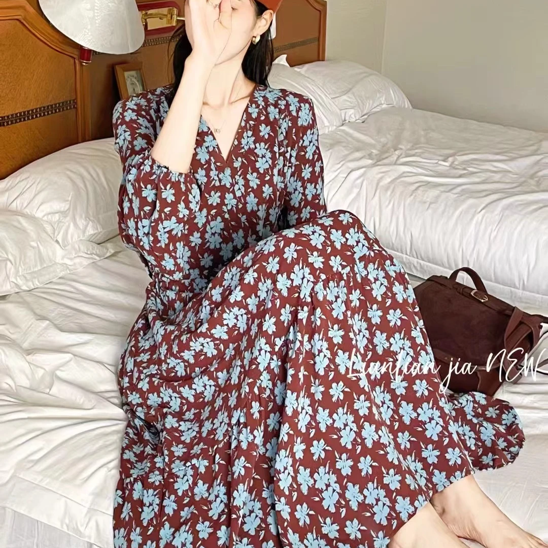 法式欧花图案连衣裙