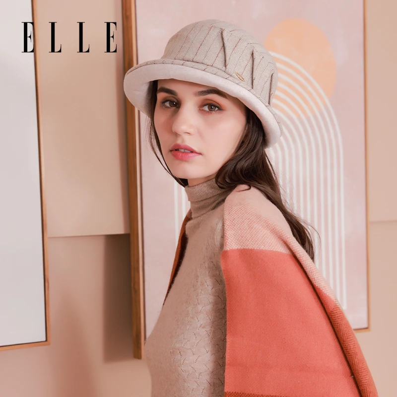 ELLE盆帽女春秋呢绒卷边时尚百搭优雅渔夫帽显脸小帽子21WE16010