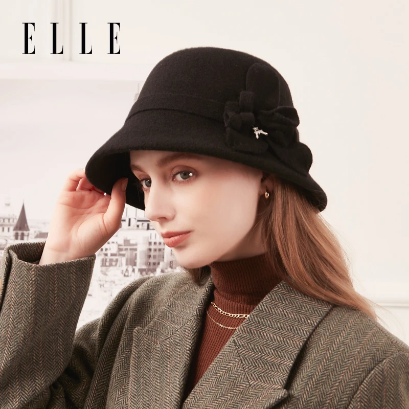 ELLE礼帽女士秋冬法式优雅时尚百搭毛呢绵羊毛保暖盆帽34WE15013