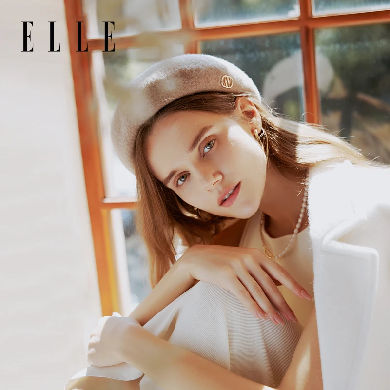 ELLE贝雷帽子女款2025款高级感秋冬时尚保暖100%绵羊毛34WE14010