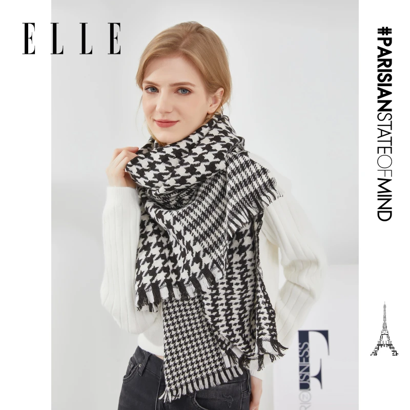 ELLE秋冬经典百搭千鸟格羊毛围巾优雅软糯披肩33WE24016