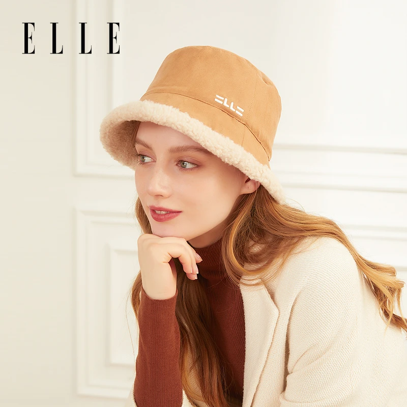ELLE帽子秋冬新款女法式优雅时尚百搭摇粒绒双面渔夫帽21WE13007