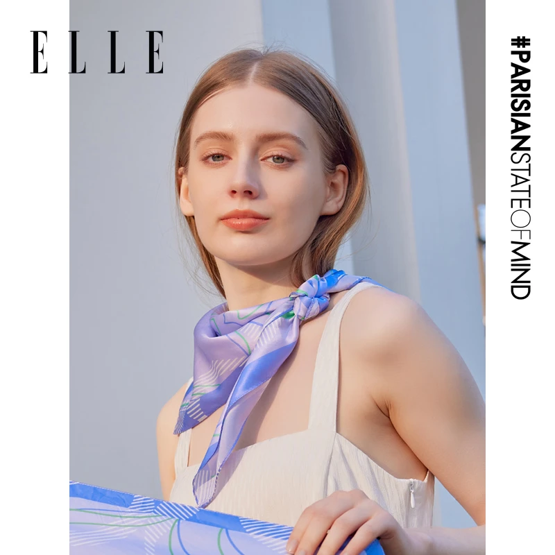 ELLE100%桑蚕丝方巾写意印花法式复古气质丝巾百搭优雅34SE21014