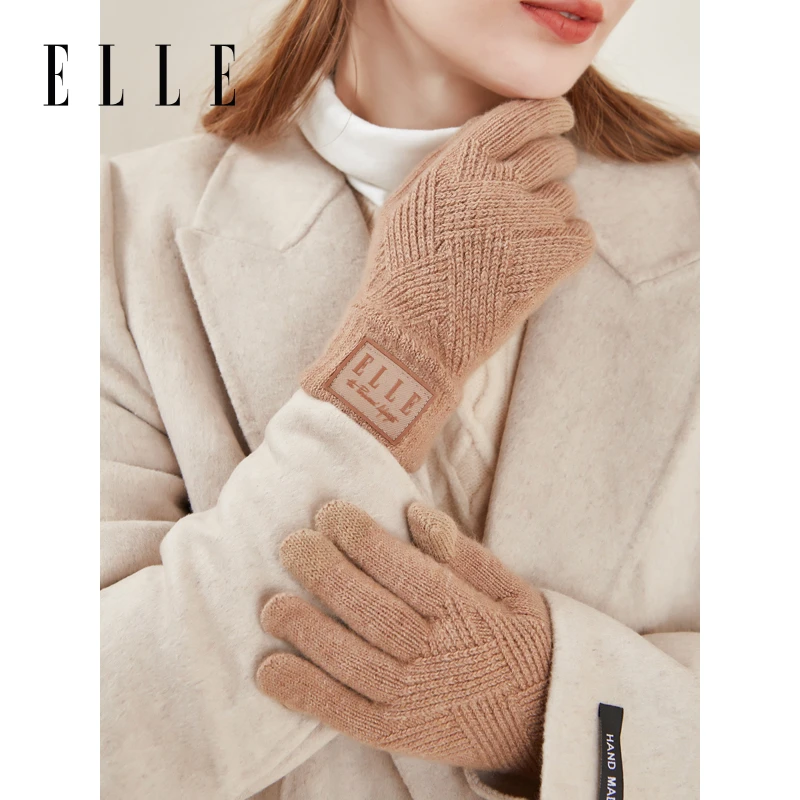 ELLE女士秋冬季菱格羊毛针织手套加绒保暖分指可触屏34WE36017