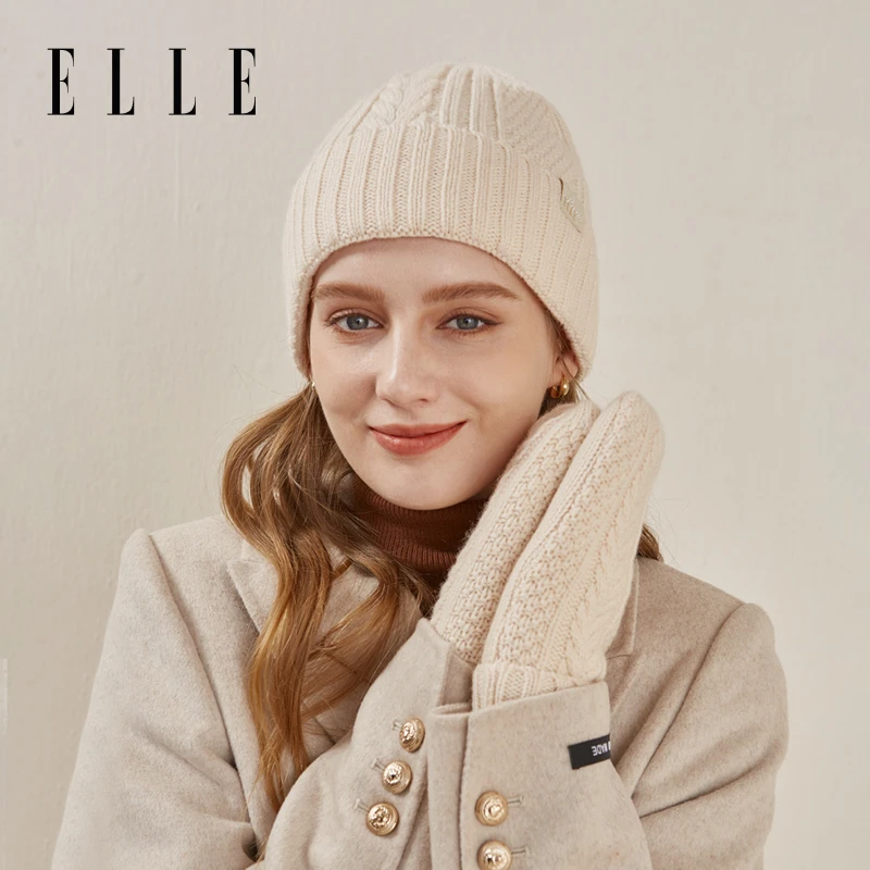 ELLE100%绵羊毛针织帽女士秋冬季保暖时尚百搭毛线手套34WE17011