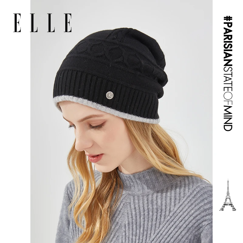 ELLE堆堆帽100%绵羊毛冬双面戴针织帽保暖御寒护耳帽子33WE17012
