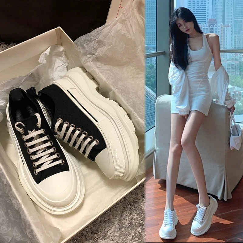 厚底小白鞋ins休闲鞋女系带百搭透气增高松糕鞋包头帆布鞋运动鞋