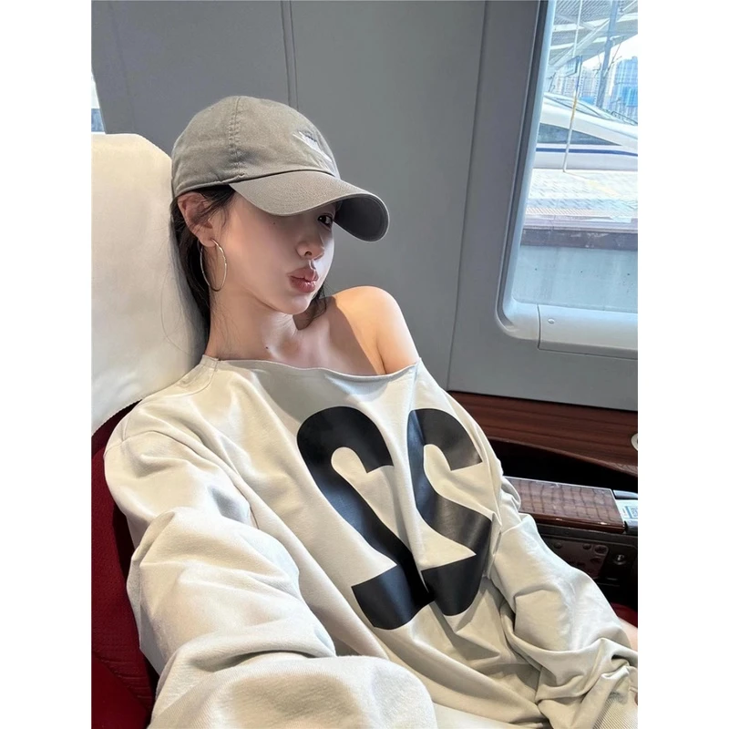 2025早春新款美式 重磅斜肩露肩印花卫衣宽松慵懒舒适时尚休闲女