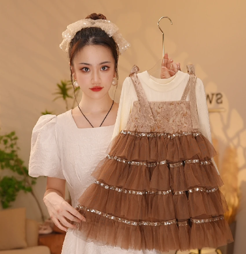 【Y.k2631】24秋款上新儿童长袖假两件甜美女童洋气亮片女孩连衣裙