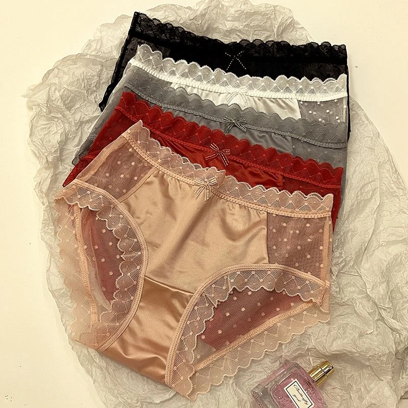 法式油光缎面奢华内裤夏季蕾丝透气纯欲女士火辣三角裤性感底裤